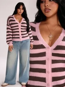Rustia Plus Size Women's V-Neck Button Cardigan Contrast Color Striped Long Sleeve Thin Knit Sweater Cardigan Autumn Back To School Season Fall - Pink - View 1