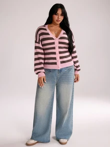 Rustia Plus Size Women's V-Neck Button Cardigan Contrast Color Striped Long Sleeve Thin Knit Sweater Cardigan Autumn Back To School Season Fall - Pink - View 6