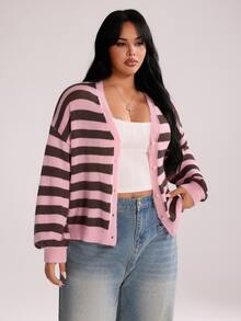 Rustia Plus Size Women's V-Neck Button Cardigan Contrast Color Striped Long Sleeve Thin Knit Sweater Cardigan Autumn Back To School Season Fall - Pink - View 4
