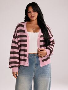 Rustia Plus Size Women's V-Neck Button Cardigan Contrast Color Striped Long Sleeve Thin Knit Sweater Cardigan Autumn Back To School Season Fall - Pink - View 3