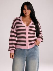 Rustia Plus Size Women's V-Neck Button Cardigan Contrast Color Striped Long Sleeve Thin Knit Sweater Cardigan Autumn Back To School Season Fall - Pink - View 5