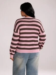 Rustia Plus Size Women's V-Neck Button Cardigan Contrast Color Striped Long Sleeve Thin Knit Sweater Cardigan Autumn Back To School Season Fall - Pink - View 2