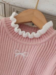 SHEIN Vintaside Kids 時尚百搭可愛蝴蝶結女童套頭圓領針織毛衣 - 粉色 - 查看 4