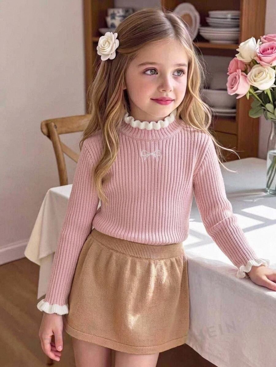 SHEIN Vintaside Kids 時尚百搭可愛蝴蝶結女童套頭圓領針織毛衣 - 粉色 - 查看 1