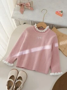 SHEIN Vintaside Kids 時尚百搭可愛蝴蝶結女童套頭圓領針織毛衣 - 粉色 - 查看 3