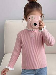 SHEIN Vintaside Kids 時尚百搭可愛蝴蝶結女童套頭圓領針織毛衣 - 粉色 - 查看 9