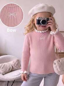 SHEIN Vintaside Kids 時尚百搭可愛蝴蝶結女童套頭圓領針織毛衣 - 粉色 - 查看 10