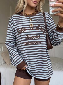 Soleia Women's Striped Letter Print Sweatshirt - Multicolor - View 1