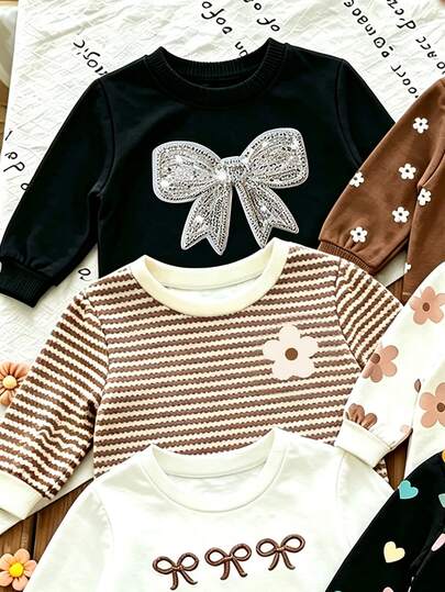 Black Bohemian Floral Stripe 3D Bow Pattern Baby Girl Casual Cute Minimalist Versatile Crew Neck Sweatshirt Daily Wear Travel Autumn Graduation Party