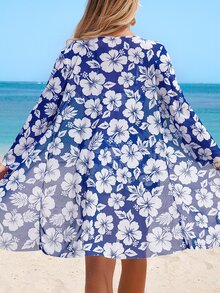 Swim Lushoire 女士夏季沙滩印花比基尼套装配和服 - 藍白色 - 查看 2