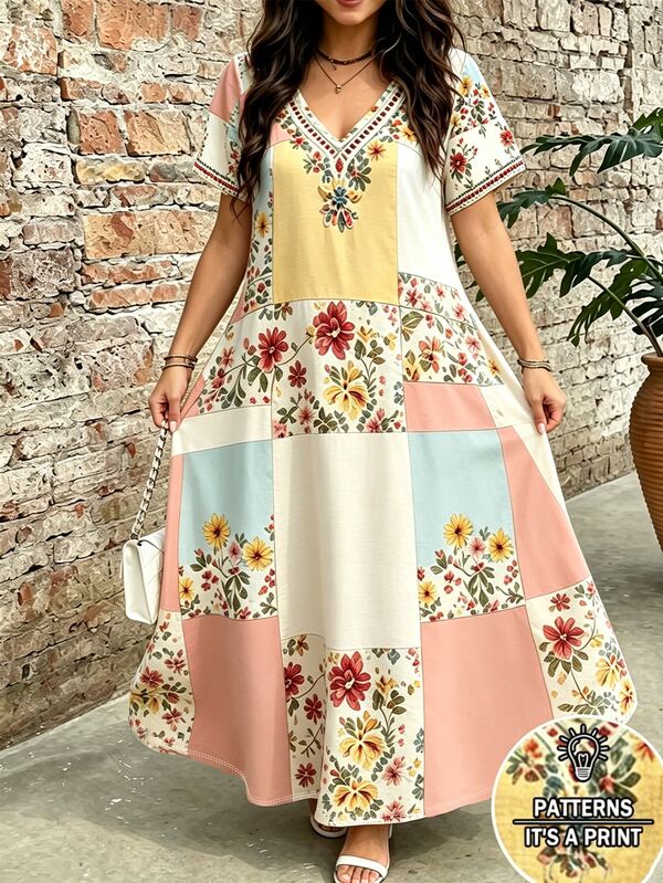 Breezaya Bohemian Rustic Style Faux Patchwork Floral Print Dress, Perfect For Summer Beach Getaways And Leisu