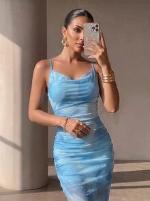 SHEIN ChicEase 女式印花褶皱高开衩长裙 - 淺藍色 - 查看 6