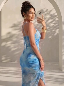 SHEIN ChicEase 女式印花褶皱高开衩长裙 - 淺藍色 - 查看 2