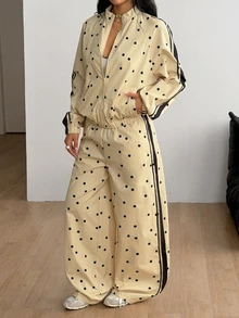 Coolane Women's Fall Casual Retro Cream Polyester Satin Polka Dot Zip Front Long Sleeve Oversized Jacket And Wide Leg Pants Two Piece Set - Light Yellow - View 6