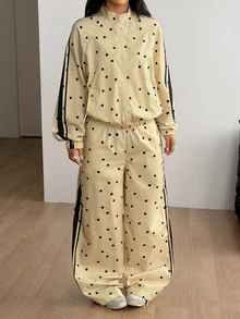 Coolane Women's Fall Casual Retro Cream Polyester Satin Polka Dot Zip Front Long Sleeve Oversized Jacket And Wide Leg Pants Two Piece Set - Light Yellow - View 4