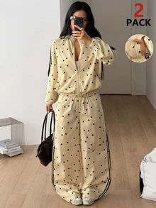 Coolane Women's Fall Casual Retro Cream Polyester Satin Polka Dot Zip Front Long Sleeve Oversized Jacket And Wide Leg Pants Two Piece Set - Light Yellow - View 3