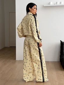 Coolane Women's Fall Casual Retro Cream Polyester Satin Polka Dot Zip Front Long Sleeve Oversized Jacket And Wide Leg Pants Two Piece Set - Light Yellow - View 7