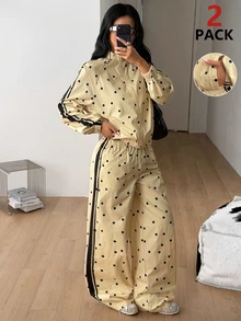 Coolane Women's Fall Casual Retro Cream Polyester Satin Polka Dot Zip Front Long Sleeve Oversized Jacket And Wide Leg Pants Two Piece Set - Light Yellow - View 5