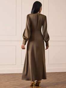 Lilora Solid Lantern Sleeve Satin Dress - Brown - View 7