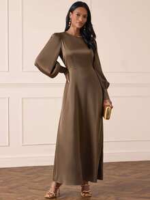 Lilora Solid Lantern Sleeve Satin Dress - Brown - View 4