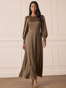 Lilora Solid Lantern Sleeve Satin Dress - Brown - View 2