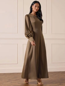 Lilora Solid Lantern Sleeve Satin Dress - Brown - View 5