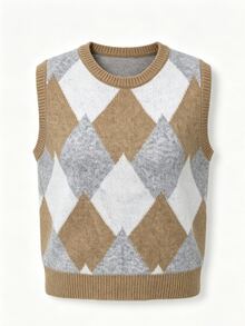 SHEIN Women's Vintage British Style Argyle Knit Vest, Round Neck Sleeveless Ribbed Hem Loose Slimming Short Vest, Commute Layering Essential, Versatile Knit Tank Top - Multicolor - View 4