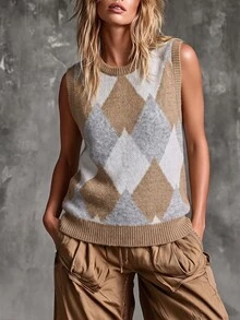 SHEIN Women's Vintage British Style Argyle Knit Vest, Round Neck Sleeveless Ribbed Hem Loose Slimming Short Vest, Commute Layering Essential, Versatile Knit Tank Top - Multicolor - View 1