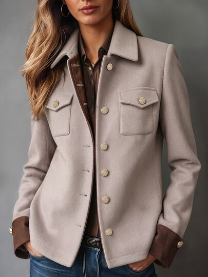 LUMIGAL Vintage Fashion Satin & Wool Blend Patchwork Classic Elegant Navy Style Jacket, Commuter Versatile Premium Wool Coat For Women
