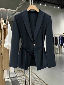 GlowEve Women's Belted Waist Blazer, Solid Color Long Sleeve Open Front Workwear Jacket, Elegant Office & Ca - Black - View 8