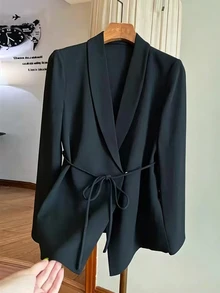 GlowEve Women's Belted Waist Blazer, Solid Color Long Sleeve Open Front Workwear Jacket, Elegant Office & Ca - Black - View 6