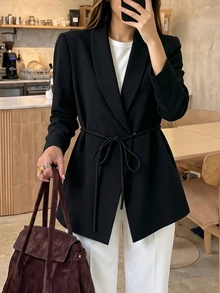 GlowEve Women's Belted Waist Blazer, Solid Color Long Sleeve Open Front Workwear Jacket, Elegant Office & Ca - Black - View 9