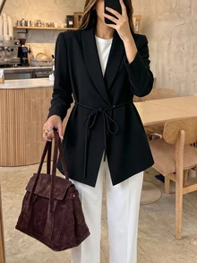 GlowEve Women's Belted Waist Blazer, Solid Color Long Sleeve Open Front Workwear Jacket, Elegant Office & Ca - Black - View 10