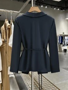 GlowEve Women's Belted Waist Blazer, Solid Color Long Sleeve Open Front Workwear Jacket, Elegant Office & Ca - Black - View 2