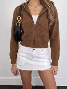 Sundraya Hooded Zip-Up Crop Top 2026071303#Blended Faux Rabbit Fur Thermal Lined Color 01#Luxurious - Brown - View 3