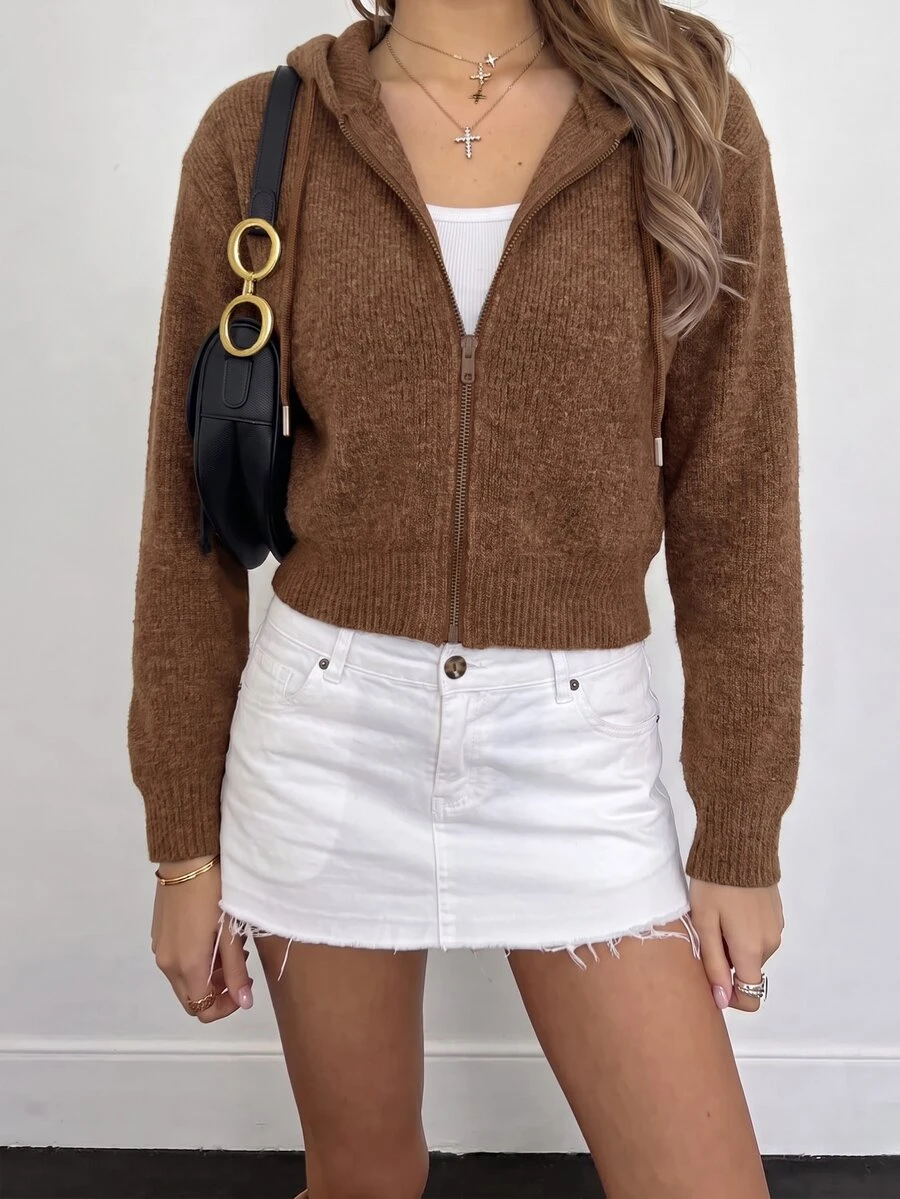 Sundraya Hooded Zip-Up Crop Top 2026071303#Blended Faux Rabbit Fur Thermal Lined Color 01#Luxurious - Brown - View 1