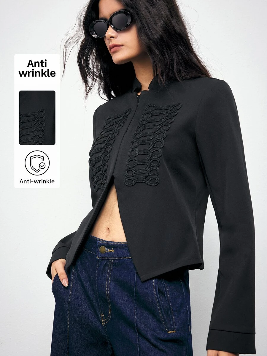 Maija Women's Vintage Front Button Tape Long Sleeve Jacket - Black - View 1