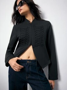 Maija Women's Vintage Front Button Tape Long Sleeve Jacket - Black - View 6