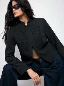 Maija Women's Vintage Front Button Tape Long Sleeve Jacket - Black - View 7