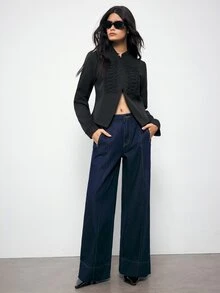 Maija Women's Vintage Front Button Tape Long Sleeve Jacket - Black - View 2