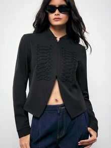 Maija Women's Vintage Front Button Tape Long Sleeve Jacket - Black - View 4