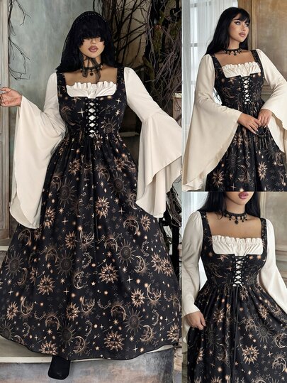 Lyrianda Gaun Maxi A-Line Lengan Panjang Berenda Gaya Istana Abad Pertengahan Vintage Elegan dengan Motif Blok Warna Matahari, Bintang, Bulan, dan Alam Semesta, Gaya Punk Gelap untuk Halloween, Ukuran Plus, Cocok untuk Pesta, Liburan, Acara Kumpul-kumpul.