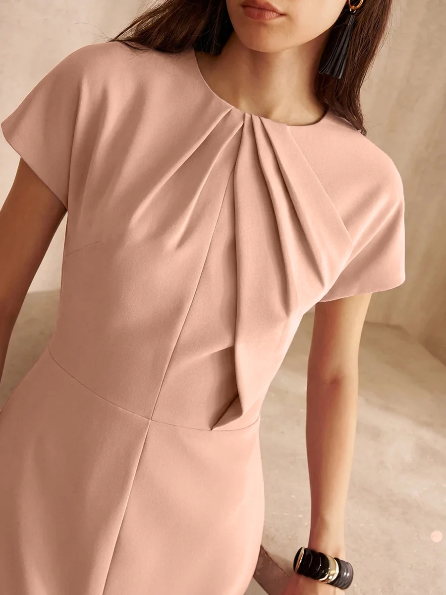 MOTF PREMIUM EARLY AUTUMN ROUND NECK RUCHED STRAIGHT HEM DRESS, FASHIONABLE COMMUTER STYLE - Pink - View 2