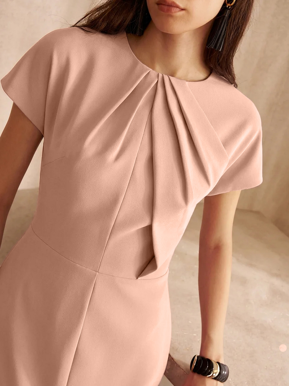 MOTF EARLY AUTUMN ROUND NECK RUCHED STRAIGHT HEM DRESS, FASHIONABLE COMMUTER STYLE