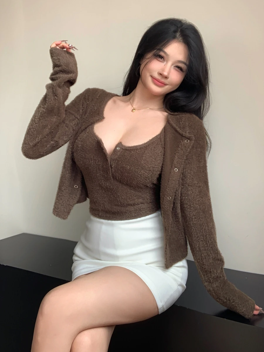 DAZY 2pcs Women Autumn/Winter Fashion Brown Fuzzy Fitted Crop Top & Cardigan Set Long Sleeve Women - Coffee Brown - View 1