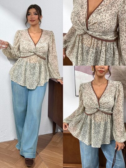 Lounesse Camisa de manga larga con nudo y corte A-Line minimalista casual para otoño/invierno, talla grande, verde
