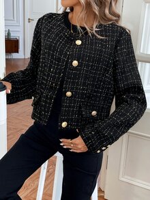 Louniche Women's Autumn/Winter Metal Button Short Jacket Fall Cloth For Women - Black - View 4