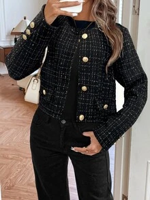 Louniche Women's Autumn/Winter Metal Button Short Jacket Fall Cloth For Women - Black - View 3