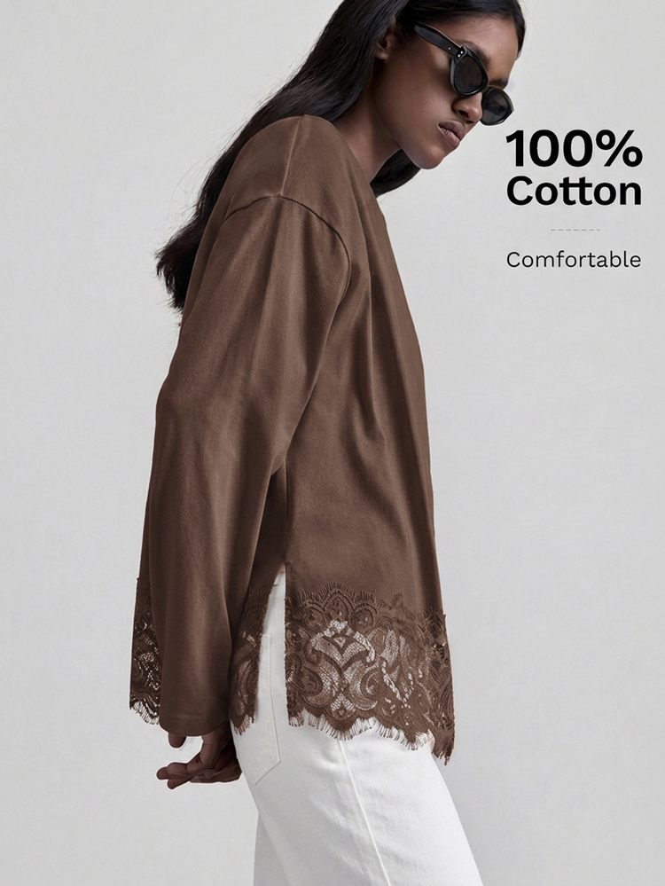 Ontre 2026 New All Season Minimalist Fashion Elegant Sweet Business Casual Vacation Outing Party Knit Long Sleeve Round Neck Loose Lace Patchwork Women T-Shirt Versatile Slimming Heightening Elegant Daily Wear Commute Work Date Street Style Outfit - Brown - View 5