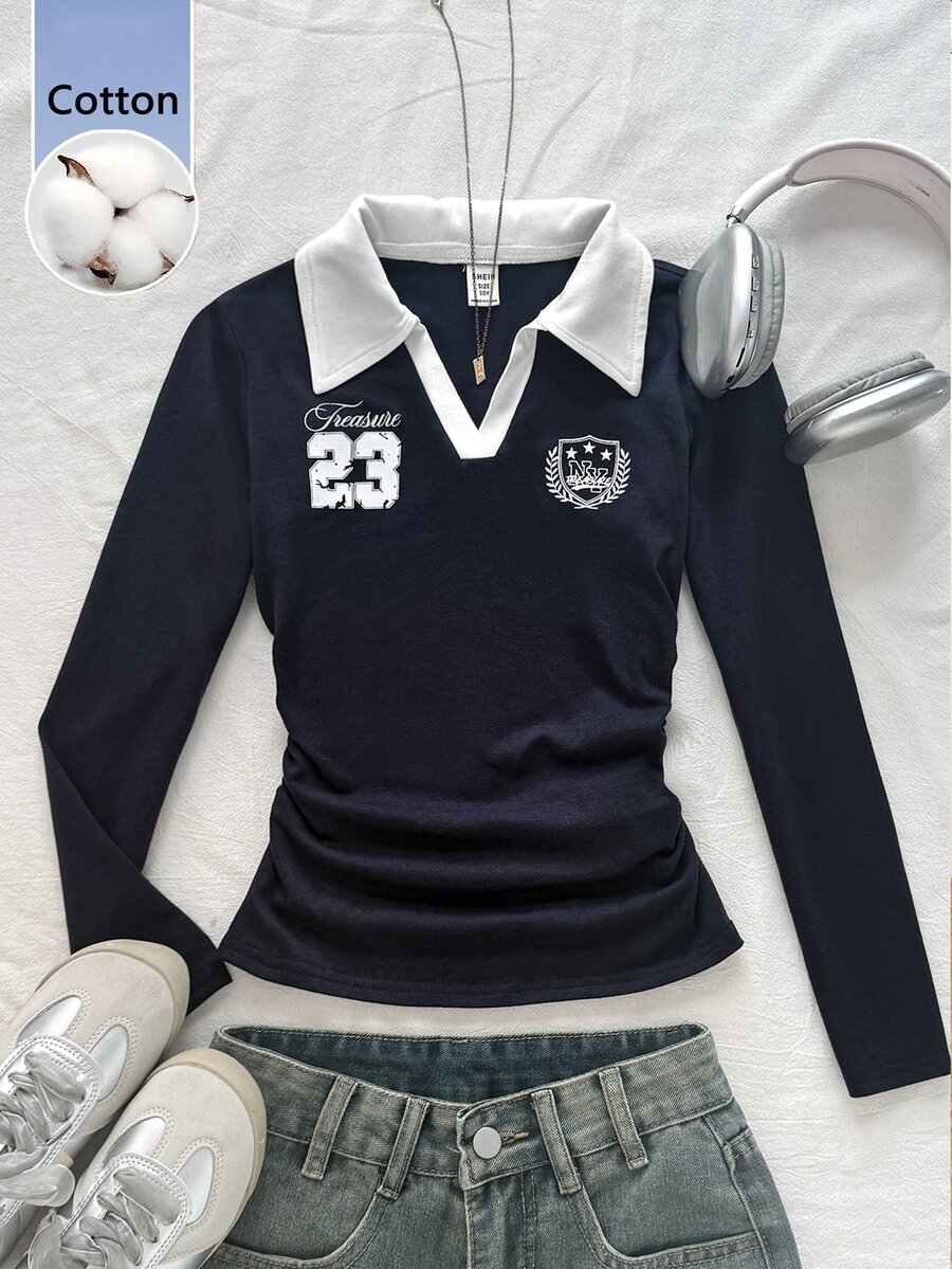 SHEIN 青少年女孩秋冬休閒復古學院風拼色POLO領字母印花抓皺腰長袖修身T恤,適合返校與日常穿著 - 藏蓝色 - 查看 1